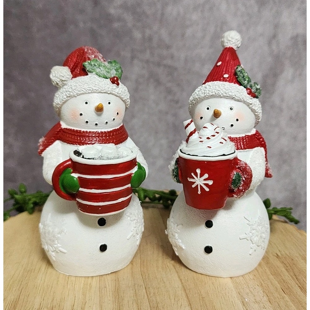 Snowman Hot Cocoa Christmas Village Figures 2 Pc Resin 5.75"‎ Santa Hats NEW